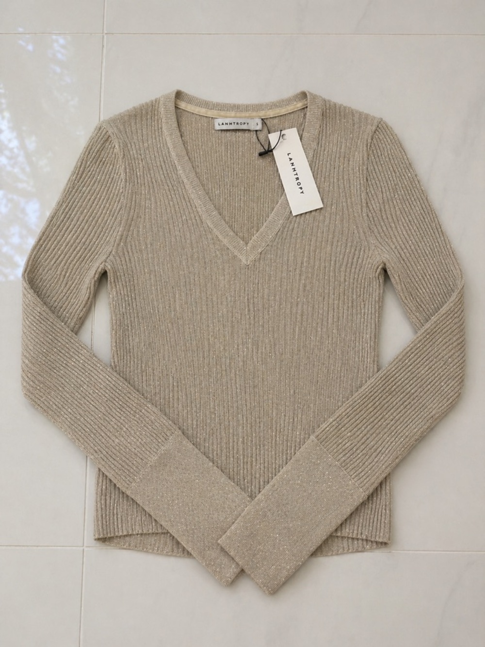 Anthropologie Metallic Ribbed V-Neck Sweater in Light Taupe